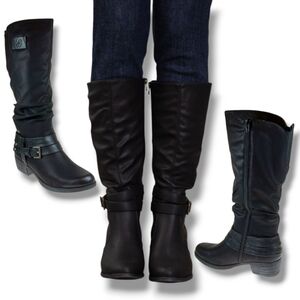 SOLEMATE Women's Black Faux Fur Calf  Knee Tall Winter Boots